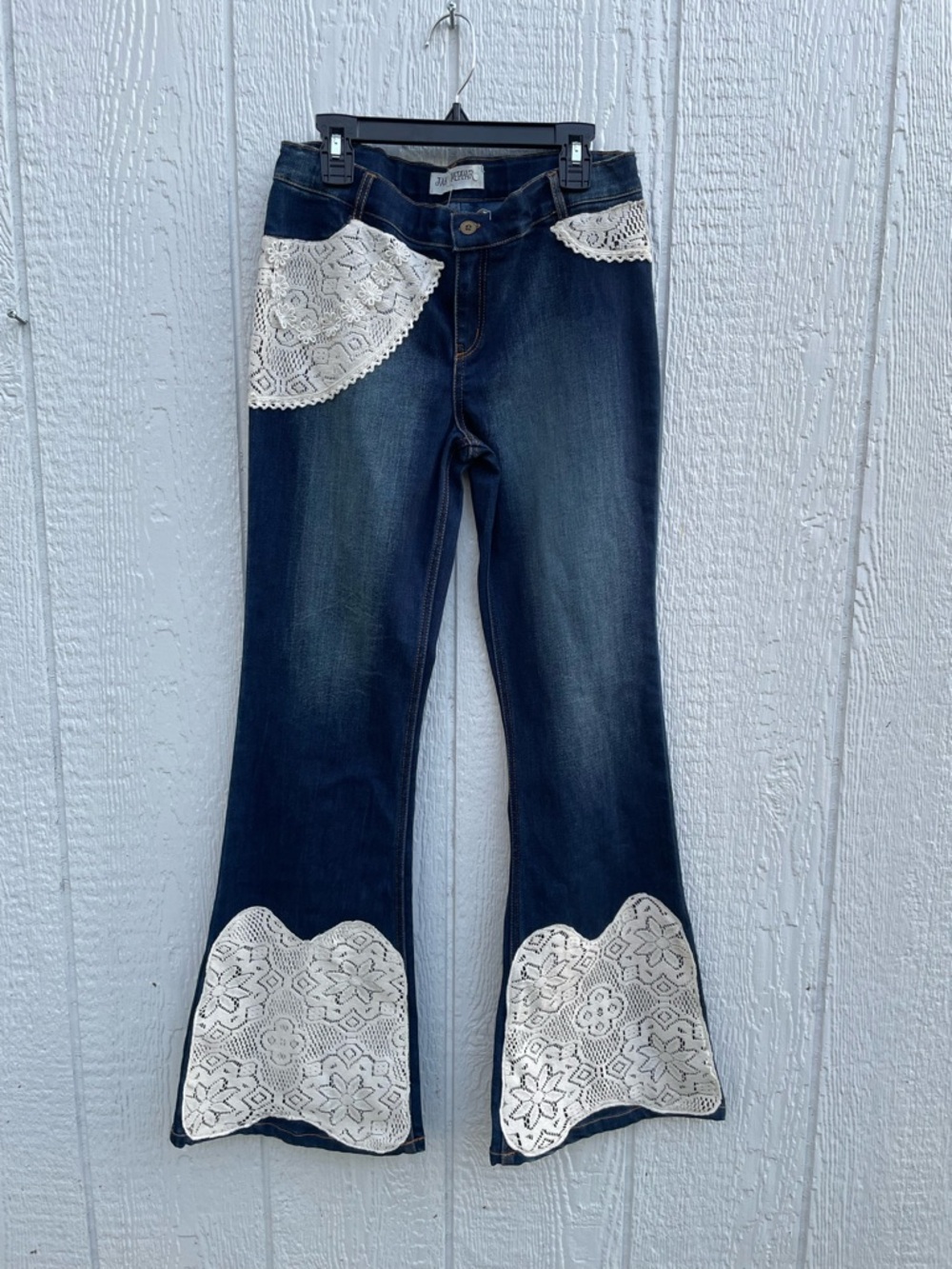Jak & peppar Dark Blue kids Flare Jeans with White Lace Trim sz 16 NWOT